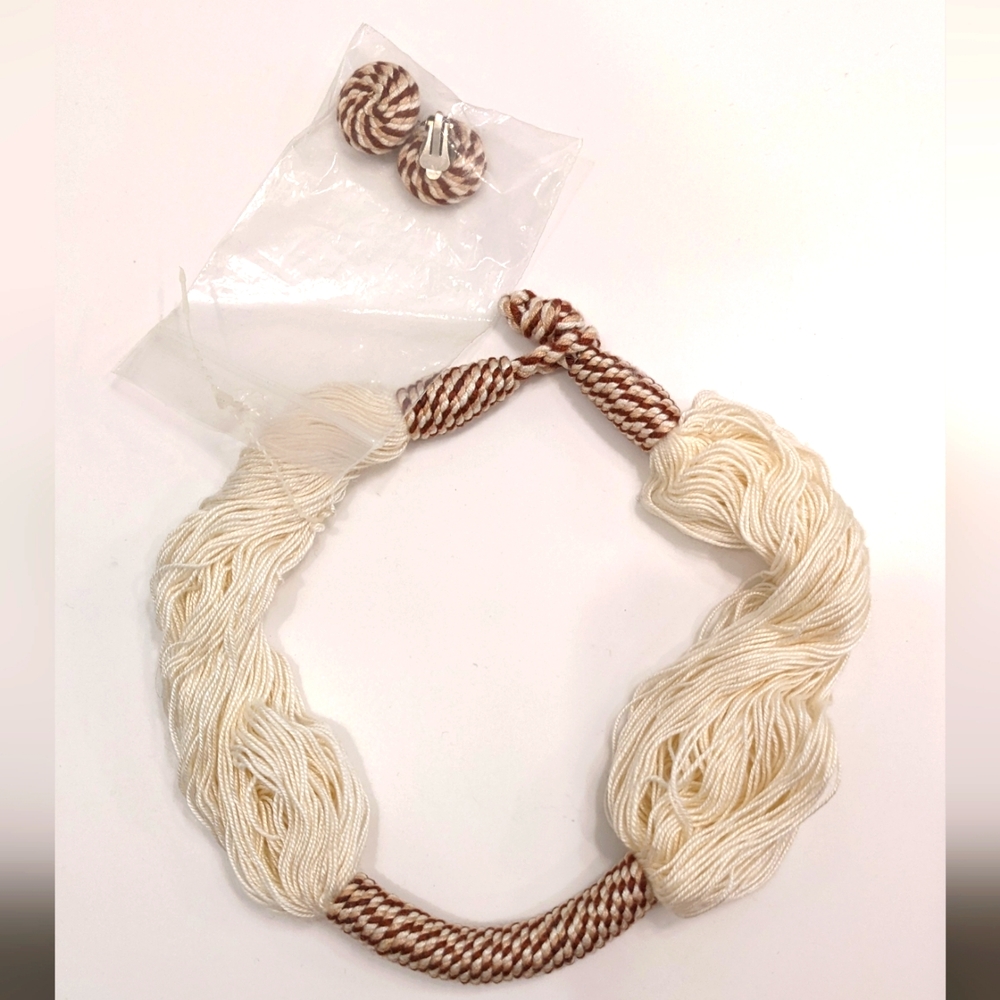 Vintage Rope Necklace + Clip on Button Earrings